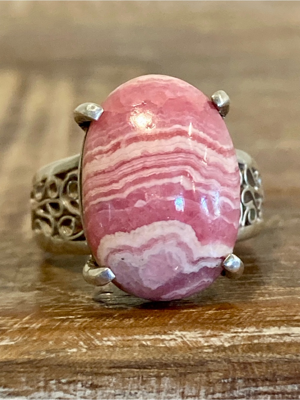 Robles Mexico 950 Silver Rhodochrosite Ring Large Pink Gemstone Artisan Filigree